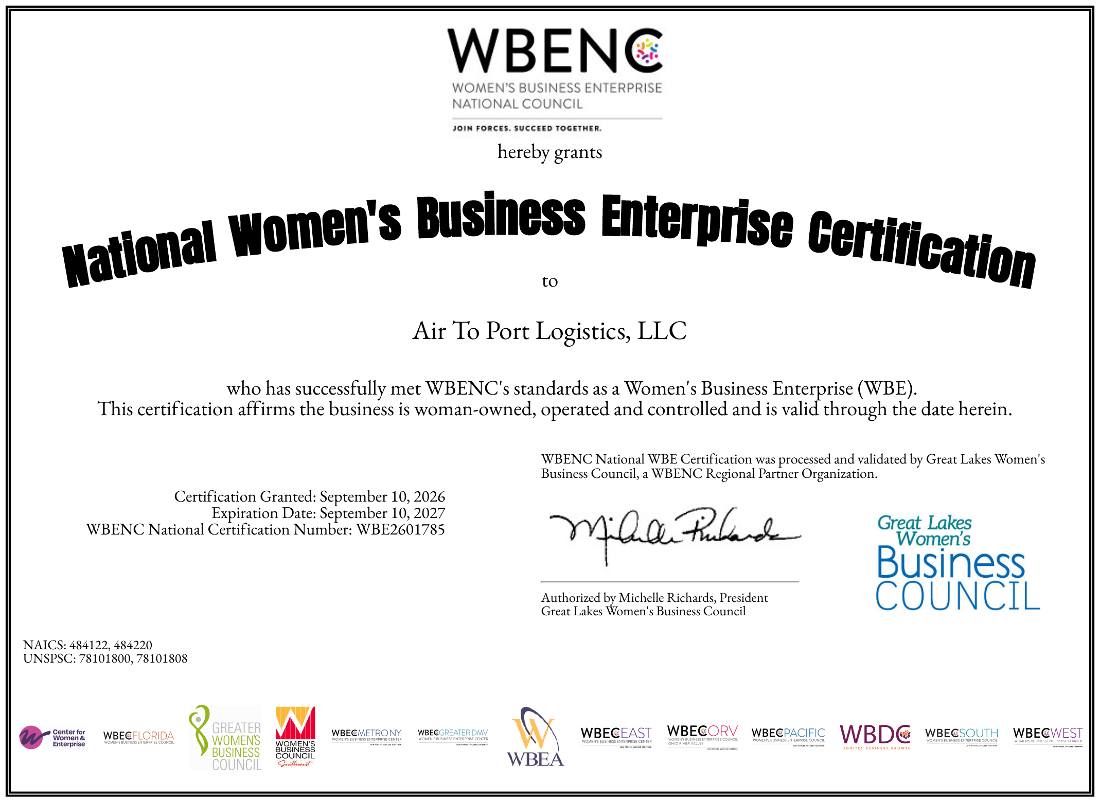 WBENC National Women's Business Enterprise certification awarded to Air To Port Logistics, LLC