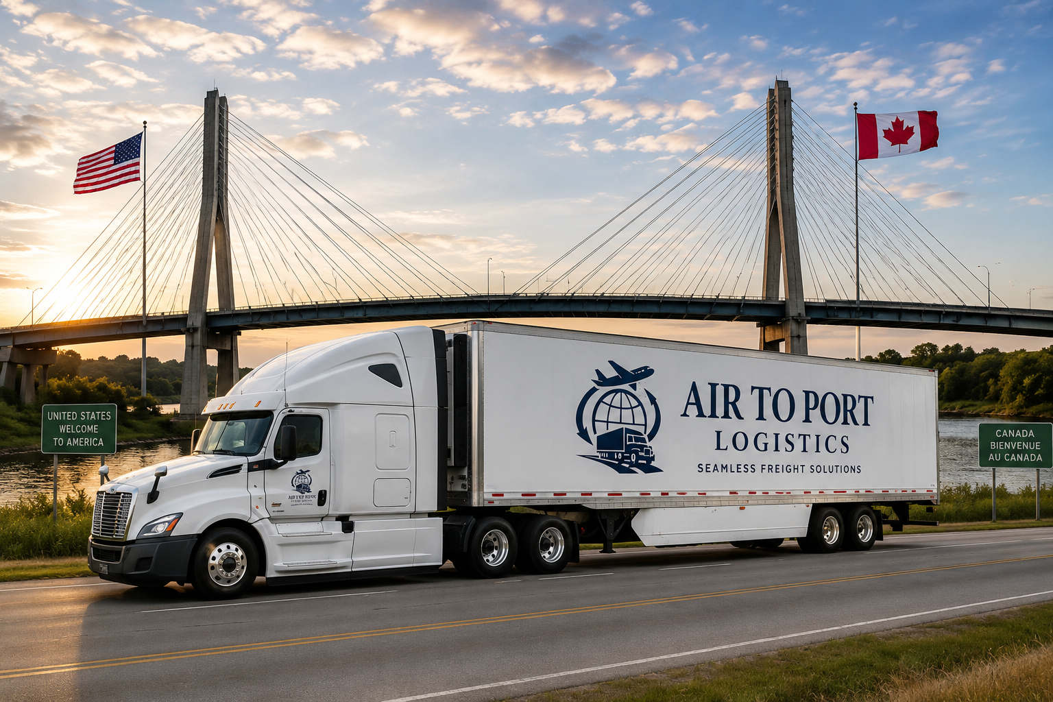 Air to Port Logistics truck at a US-Canada border crossing