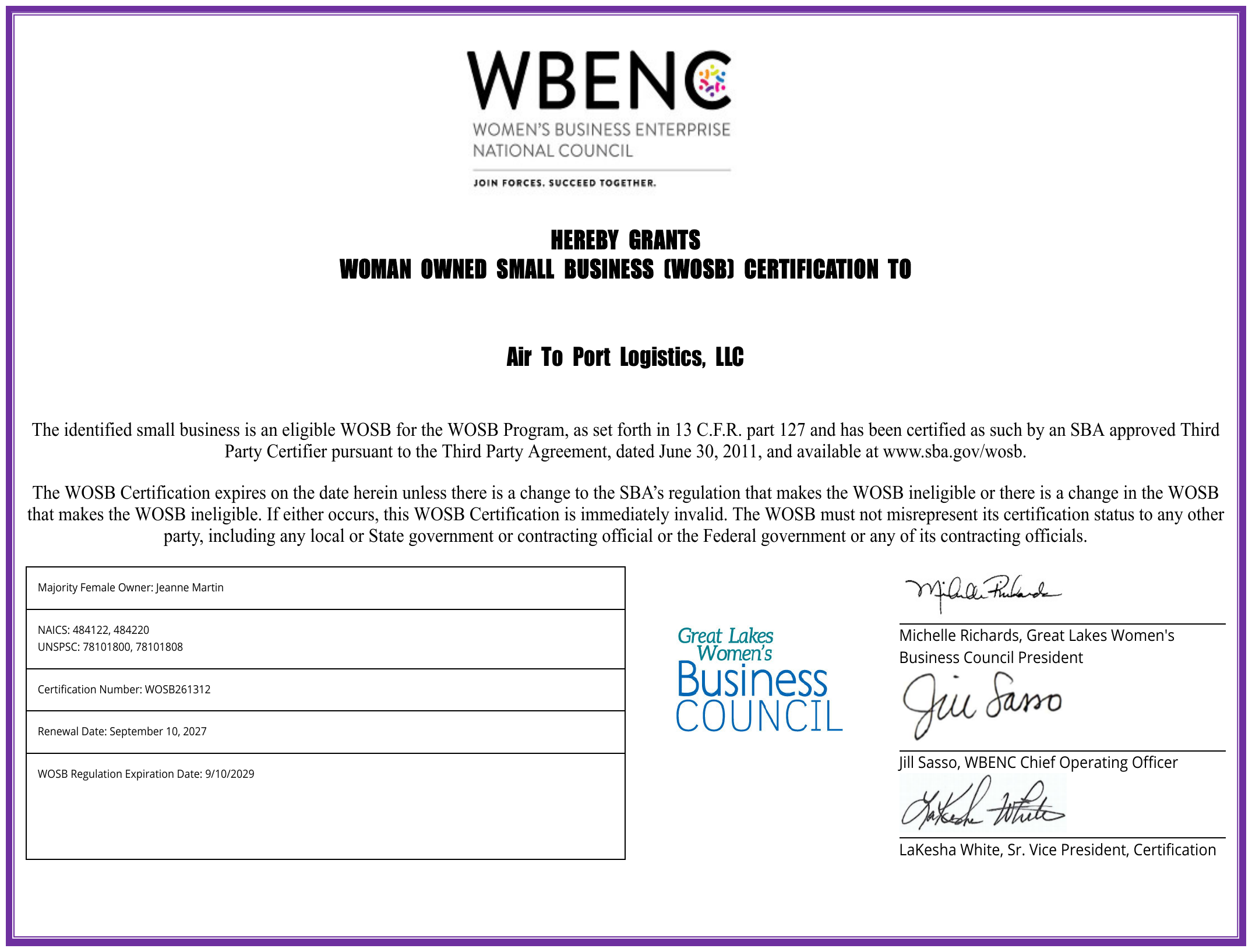 Woman Owned Small Business (WOSB) certification awarded to Air To Port Logistics, LLC